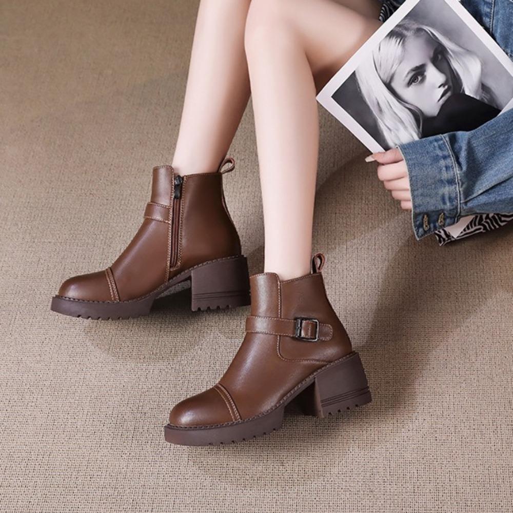 Leather Platform Women's Boots New British High Heels Small Height Increase Thick Heels Short Boots Winter Velvet Shoes Women