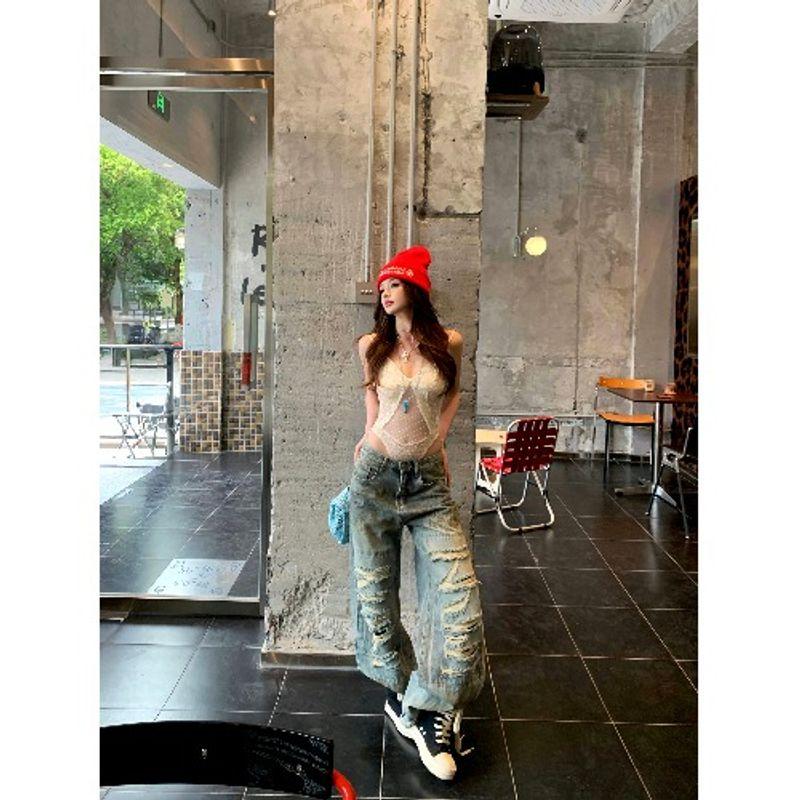 Kumikumi Sexy Set Gyaru Style One-Piece Cami Women Summer Retro Low Waist Jeans Two-piece Set