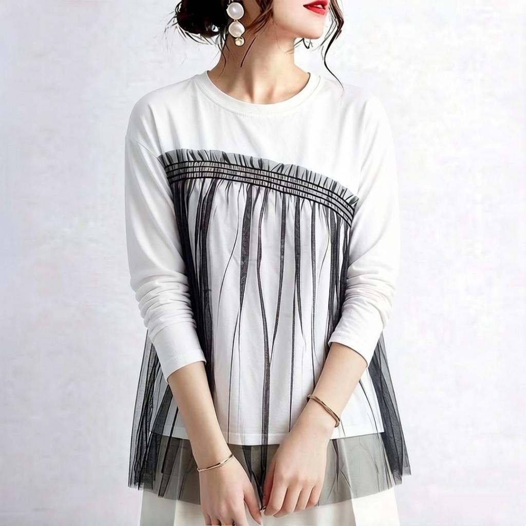 2026 New Spring and Autumn Women's Simple Casual Mesh Patchwork Long Sleeve Round Neck Pullover T-Shirt