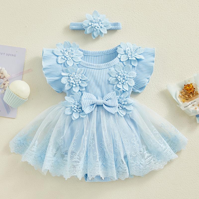 Newborn Baby Girl Romper Dress 2 Pcs Outfits Mesh Lace Patchwork Ruffle Bodysuit and Headband Cute Summer Clothes
