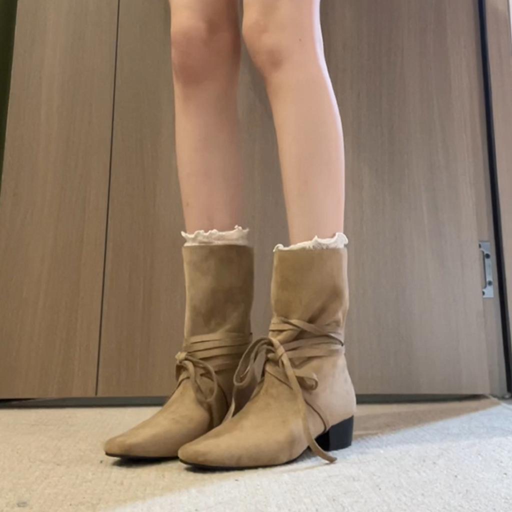 Vintage westernstøvler dame firkantet tupp moteriktig nisje stropper tynn tykk hæl ridestøvler allsidige korte støvler