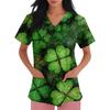 Women's V-neck St. Patrick's Day Printed Short-sleeved Pocket Side-slit Protective Suit Top