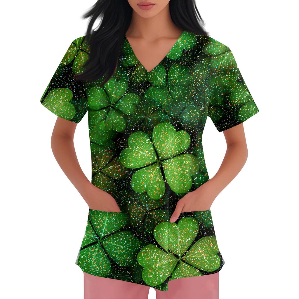 Women's V-neck St. Patrick's Day Printed Short-sleeved Pocket Side-slit Protective Suit Top