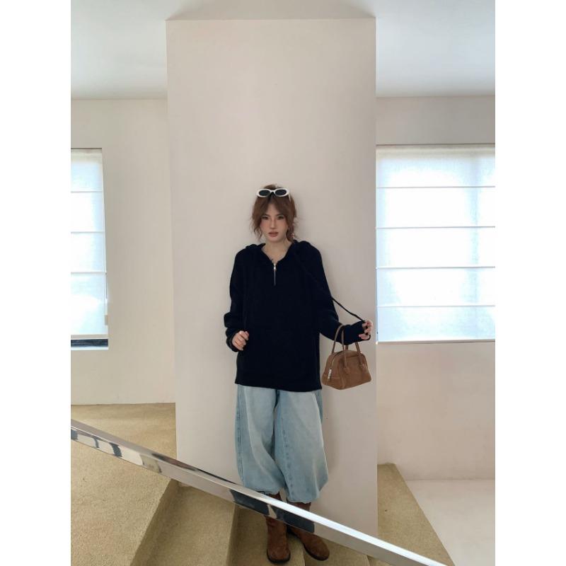 Autumn and Winter New Pullover Sweater Women's Half Zipper Hooded Casual Lazy Wind Outside Knitted Sweater Top