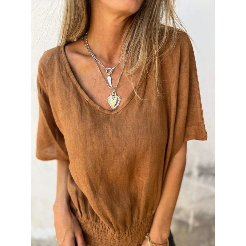 Summer Short Sleeved Fashion Loose T-shirt Women V-neck Casual Cotton Linen Hooded Top Women