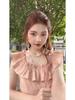French Ruffle Flutter Sleeve Chiffon Dress - Korean Style Square Neck in Pink for Spring/Summer