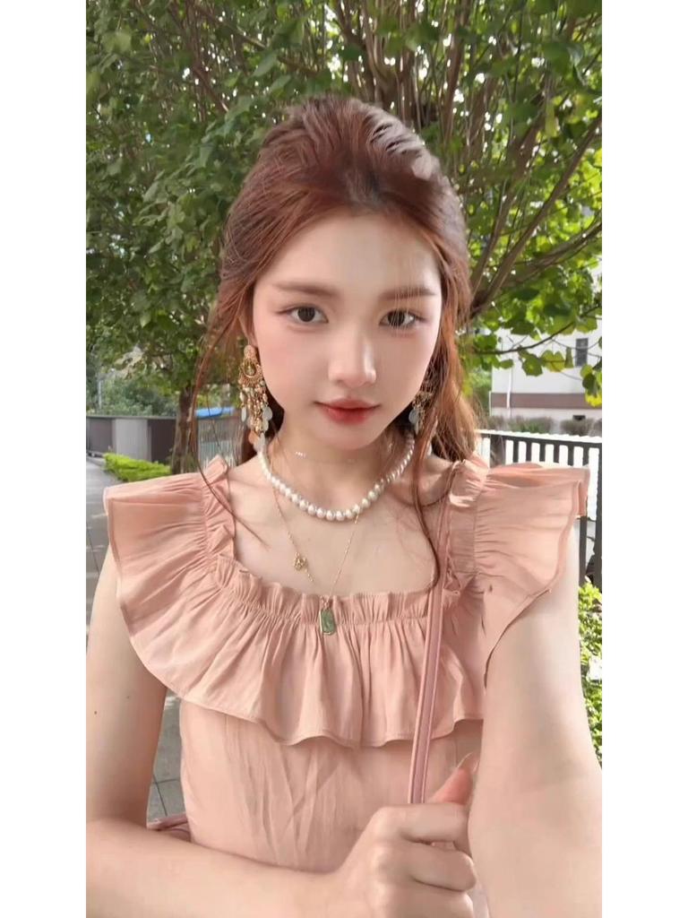 French Ruffle Flutter Sleeve Chiffon Dress - Korean Style Square Neck in Pink for Spring/Summer