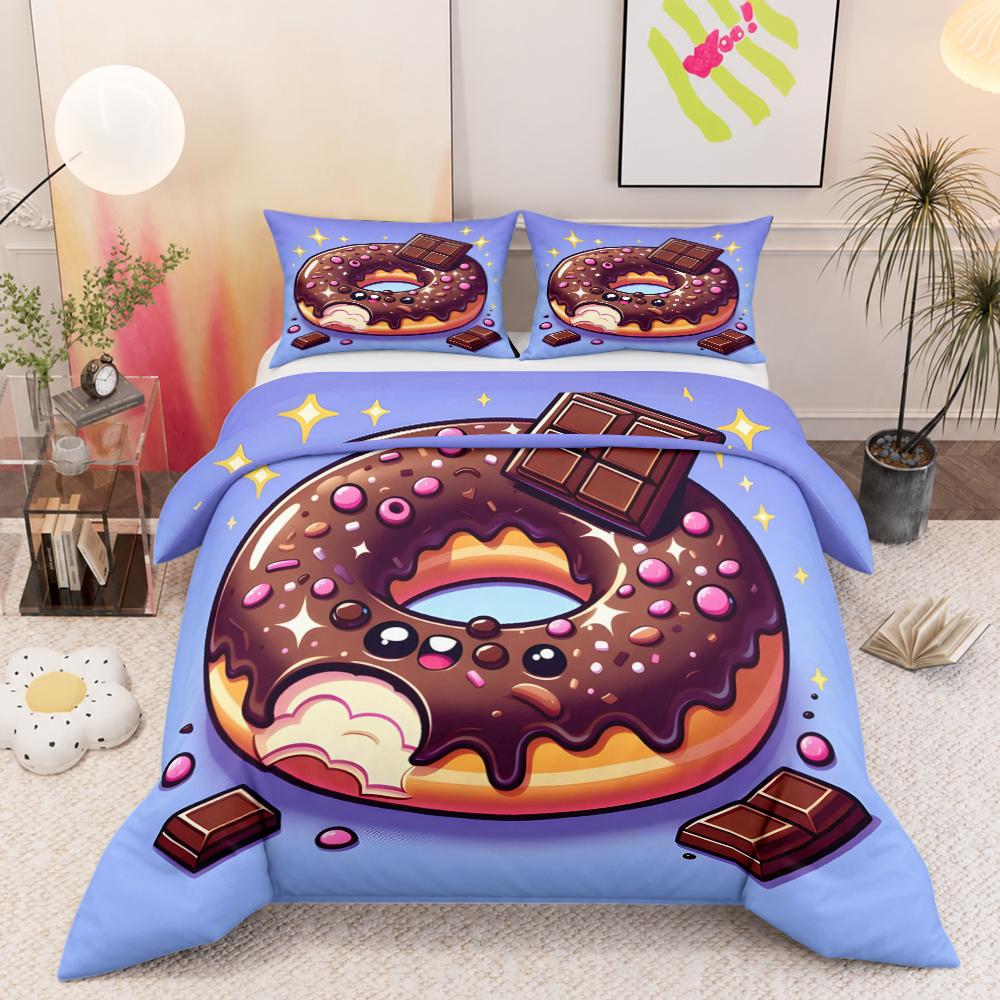 Kawaii Chocolate Donut Face Duvet Cover Set 3 Piece Cute Cartoon Food Bedding Set Sprinkles Sparkle for Kids Girls Bedroom Dorm Decor Gift