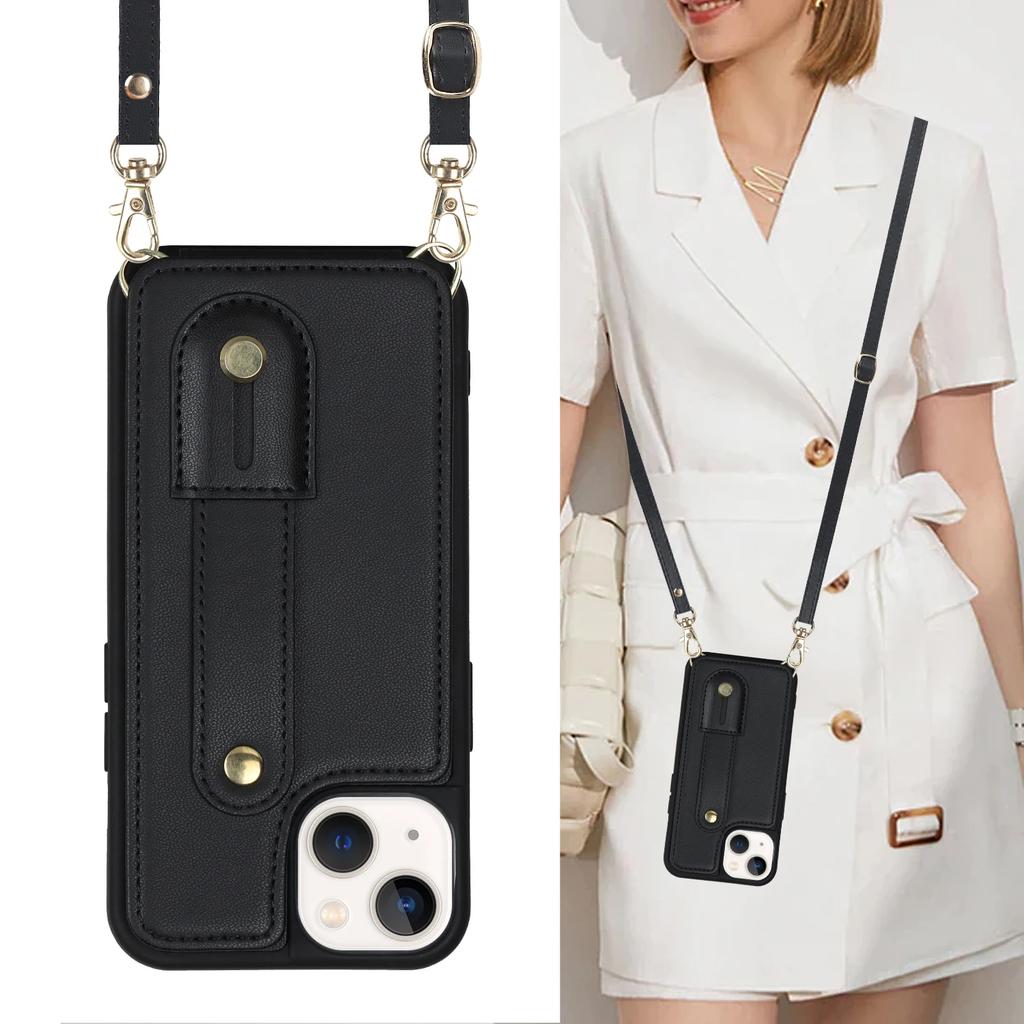 Crossbody Neckband Lanyard Wristband Wallet Leather Case for iPhone 16 Pro Max 15 Plus 14 11 12 13 XS SE Cards Holder Cover