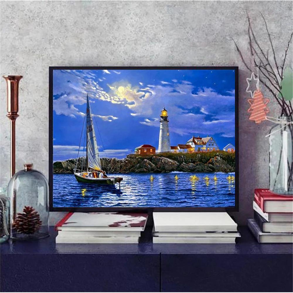 Diamond Painting Sailboat Full Square Round Drill 3D Diamond Embroidery Lighthouse Landscape Art Rhinestone Home Decor