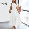 Women's Summer Maxi Dress Casual V-Neck Short Sleeve Tiered Flowy Dress Smocked Waist Pleated Long Dress