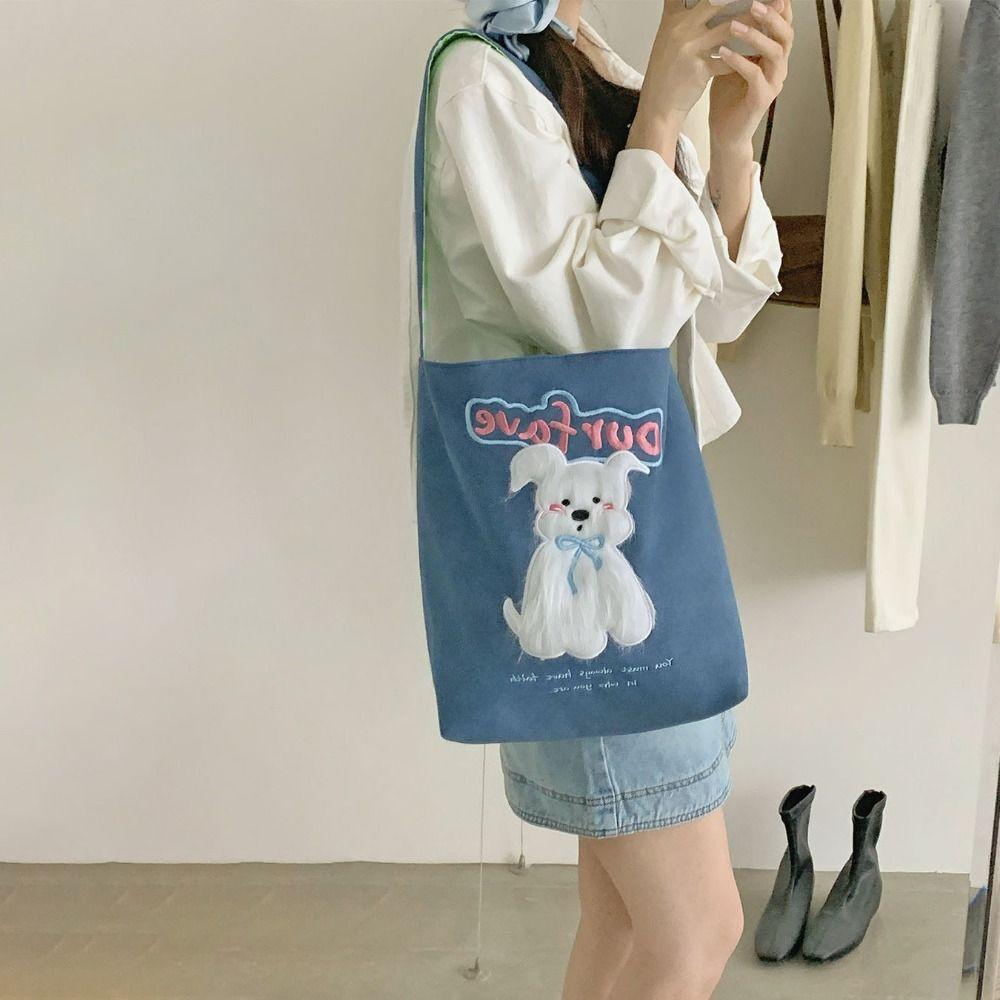 

Leisure Cartoon Embroidery Denim Bag Casual Denim Shoulder Bag Fashion Puppy Shoulder Bag Women синій