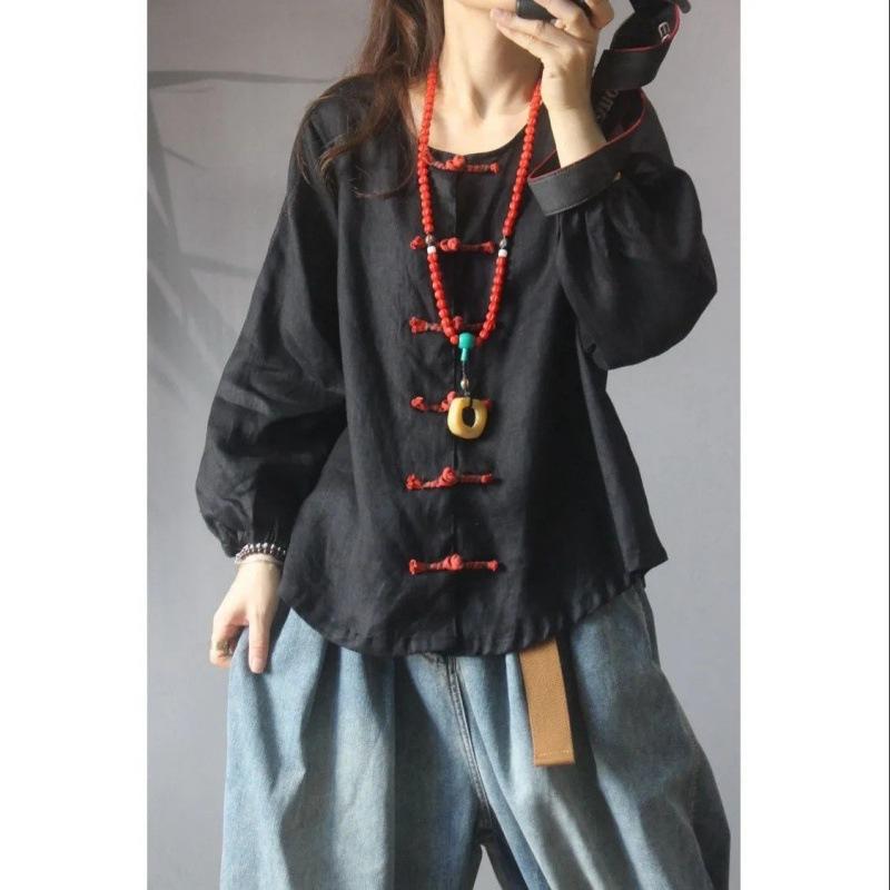 Solid Color Buttoned Cotton and Linen Shirt for Women Spring and Autumn New Style Plus Size Shirt Top
