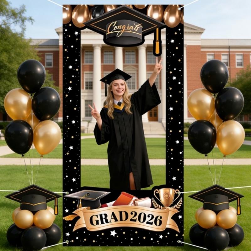 Black Gold Graduation Backdrop 2026 Banners With Star And Balloons Motifs Background For Photo Decorations 60X120CM