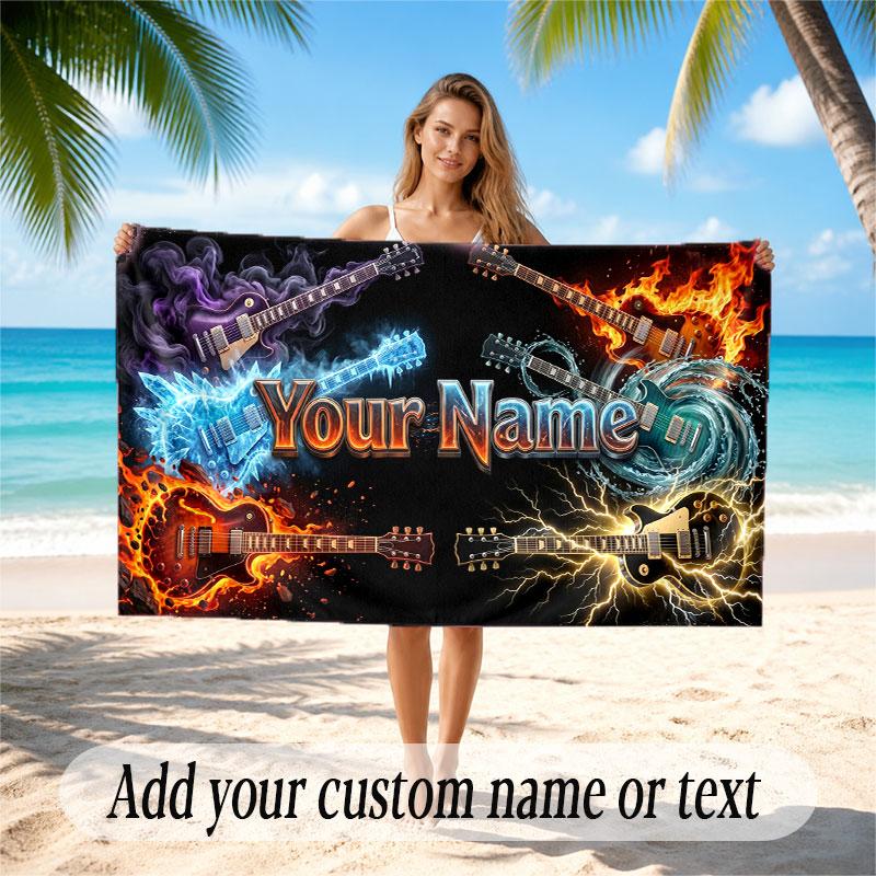 Music Guitar Theme Beach Towel Personalized Custom Name & Text Soft Quick Dry Beach Towel for Swimming Travel