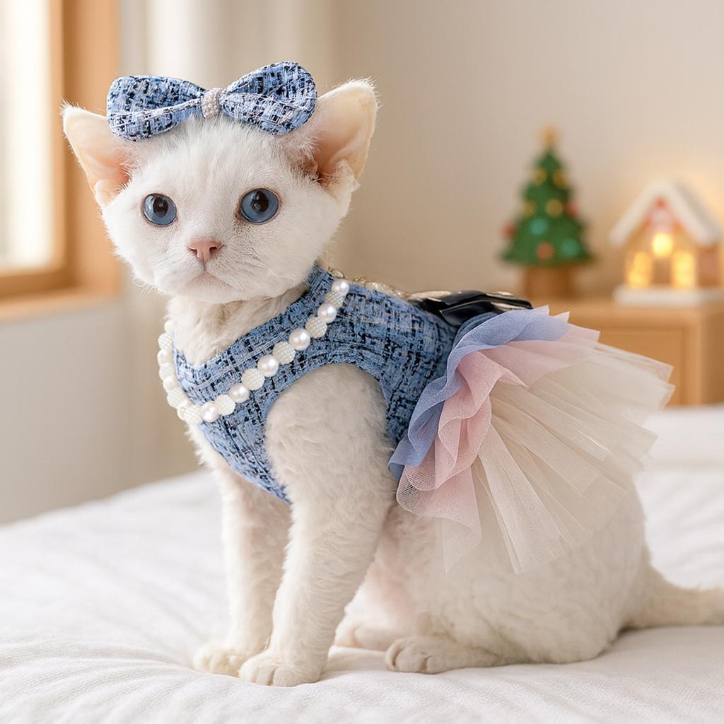 Luxury Tweed Cat Dress Bow Hair Clip + Pearl Necklace + Layer Tulle Skirt Outfit, Elegant Princess Pet Clothes for Dogs Cats