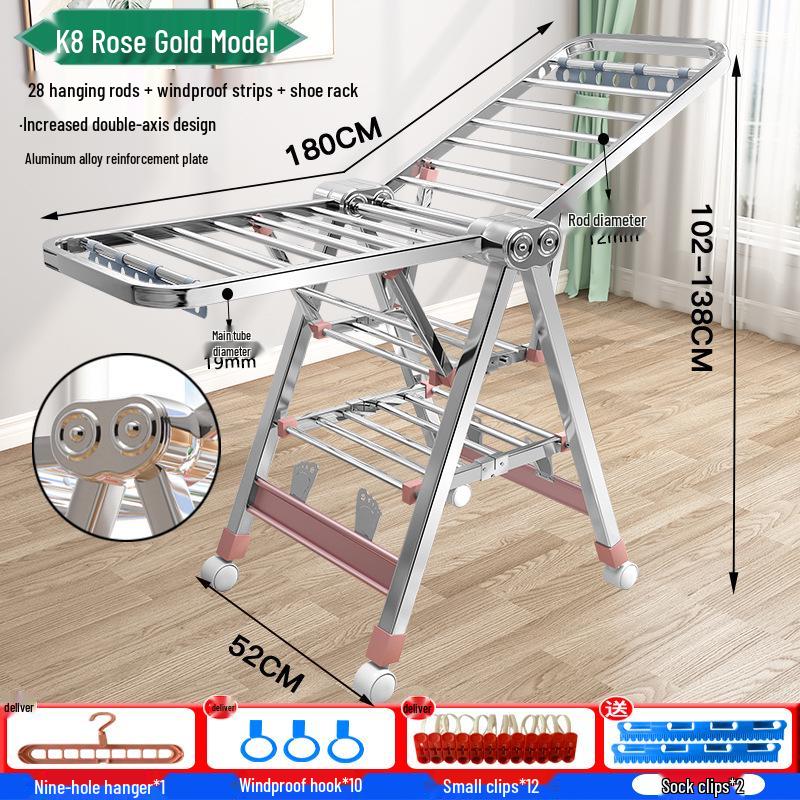 Wing-Shaped Folding Clothes Rack for Bedroom & Balcony - Retractable Floor-Standing Drying Rack.
