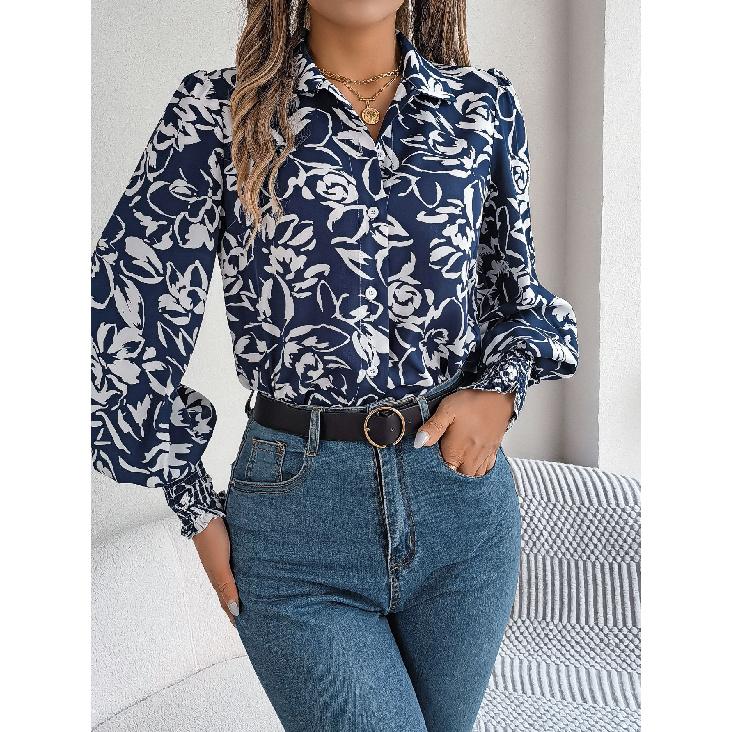 2026 Spring/Summer Elegant Contrast Color Floral Lantern Sleeve Turn-down Collar Shirt Casual Breathable Women's Top