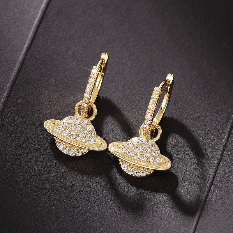 Micro Paved Clear Cubic Zirconia Saturn Charm Drop Earrings Full Stone Inlaid Small Hoop Gold Tone Cosmic Ladies Accessories