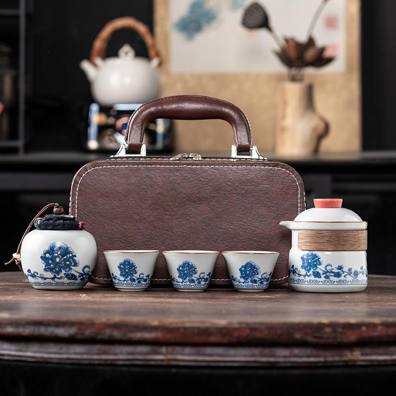 Outdoor Portable One Pot Three Cups Kung Fu Brewing Teapot Teacup Ru Kiln Travel Tea Set Gift Set