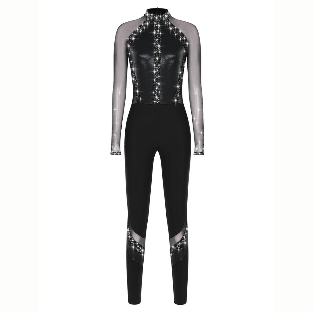 Womens Gymnastics Dance Jumpsuit Sparkling Rhinestones Full Body Leotard Sheer Mesh Patchwork Color Block Leotard