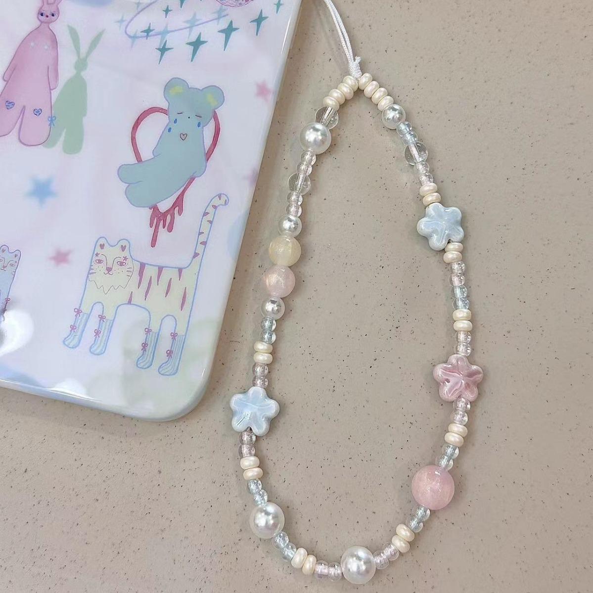 

Xiaohongshu Style Blue Cherry Blossom Star Beaded Wrist Strap for Mobile & CCD Camera with Anti-Drop Bag Pendant