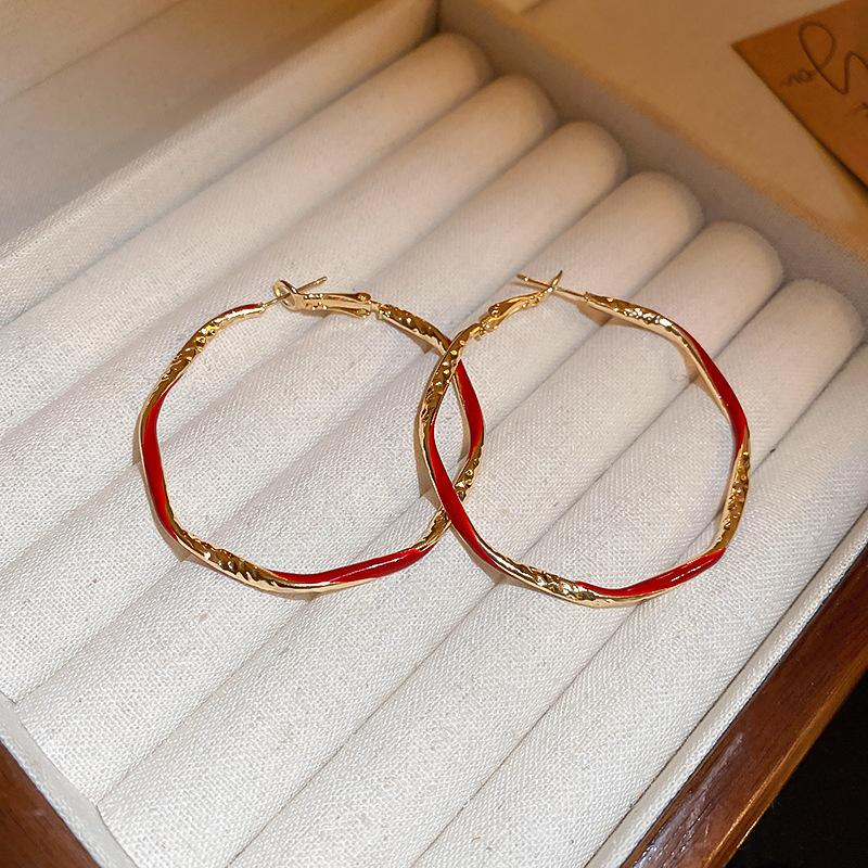 Square love red earrings literary and artistic fan temperament retro stud earrings New Year's earrings women