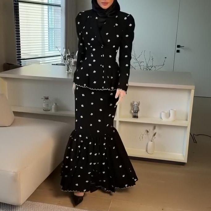 2026 Spring Cross-border European and American Women's Clothing Black Floral Waist Long-sleeved Top Fishtail Waist Thin Skirt 