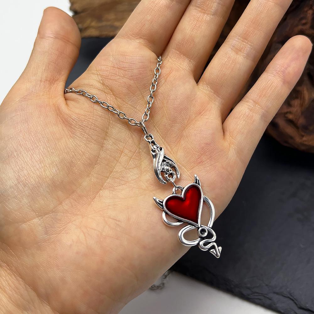 Dark Gothic Punk Bat Demon Heart Necklace & Earrings Set