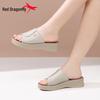 Women's Height-Increasing Leather Slippers, Red Dragonfly, Summer 2026, Thick-Soled, Soft Sole, Single Strap, Outdoor.