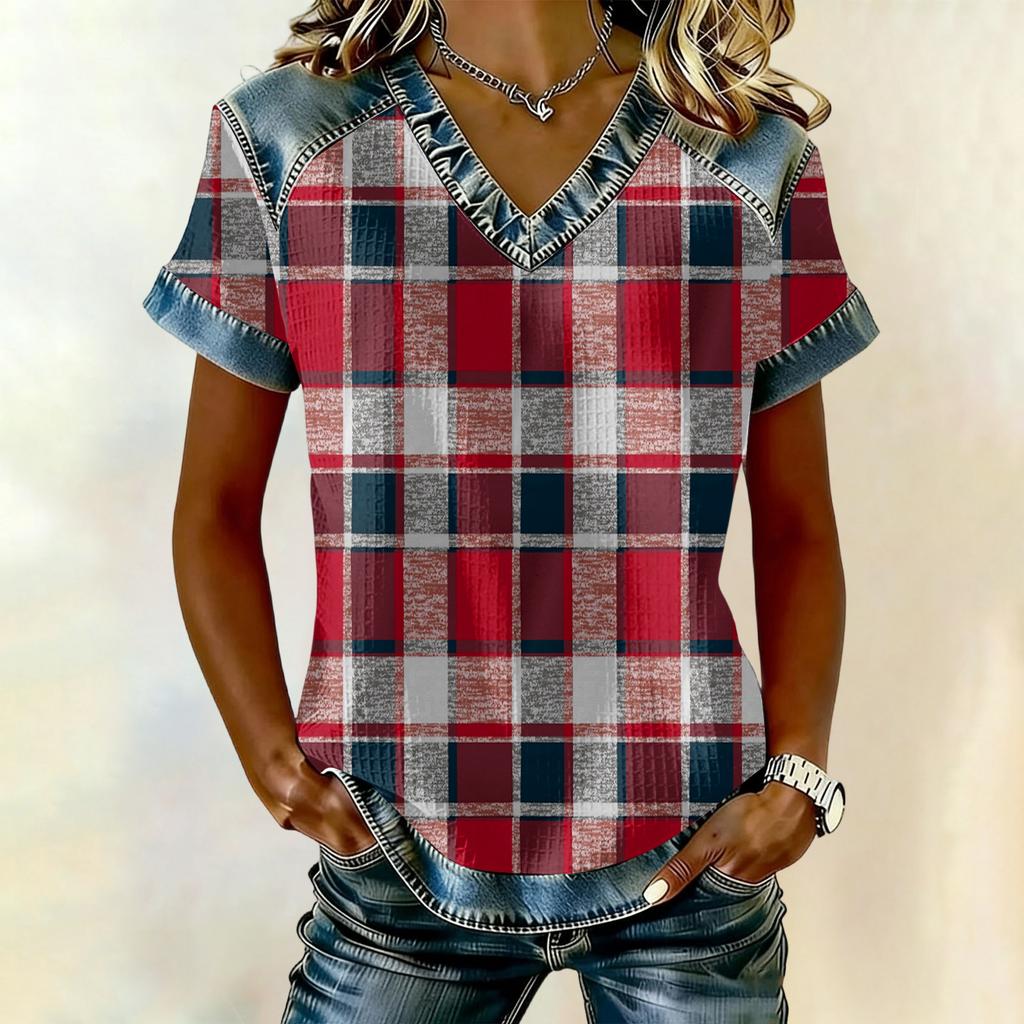 Women's Fashionable Casual Striped Checkered Printed Blouse