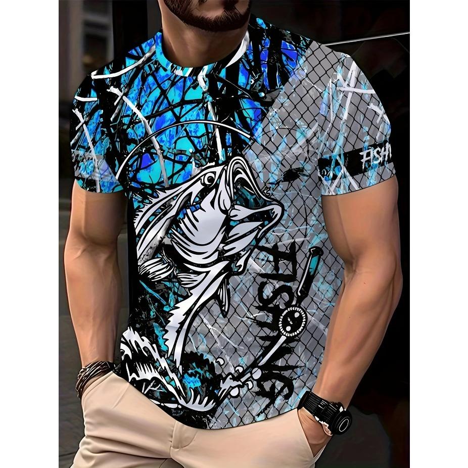 Mens Vibrant Fish Print Casual T-Shirt - Breathable Slight Stretch Polyester Crew Neck Tee for Outdoor Perfect for Summer