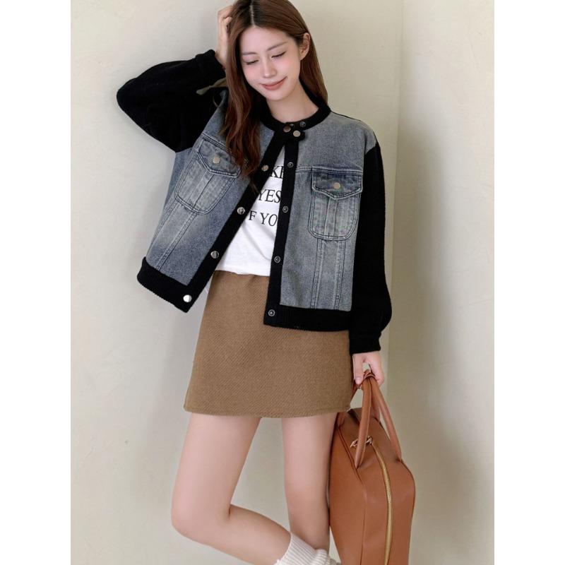 Autumn and winter new loose splicing denim knitted double-sided woolen cardigan sweater jacket women