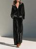 Black velvet striped casual suit, lapel zipper jacket, high waist wide leg trousers two-piece set