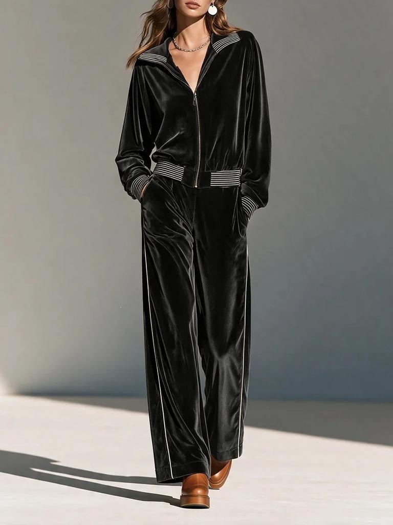 Black velvet striped casual suit, lapel zipper jacket, high waist wide leg trousers two-piece set