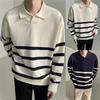 Striped Polo Collar Sweater Loose Knit Pullover Jumper