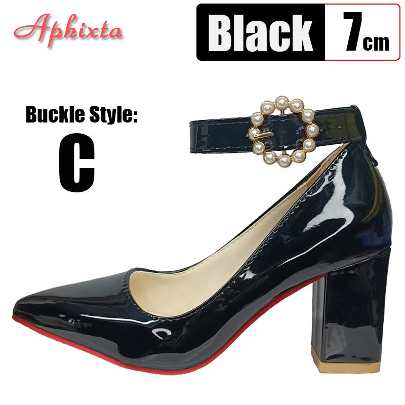 Fashion Aphixta Super Big Size 51 52 53 Patent Leather 7cm Chunky Heels Official Pumps 2cm Belt Buckle Pointed Toe Women Black Shoes