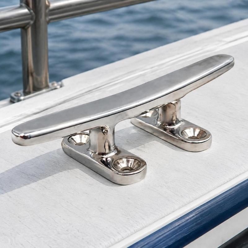 Boat Dock Cleat Hardware In Stainless Steel with Countersunk Bolt-Down Base for Rope Tie-Off & Mooring Lines