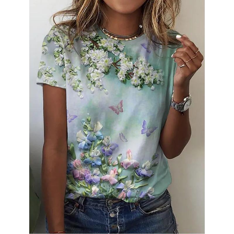 

Летний топ с круглым вырезом и 3D-цветочным принтом, модные повседневные женские футболки с короткими рукавами 6XL