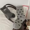 Winter and Autumn Thick and Warm Grey-colored Bow-knitted Wool Socks for Women, Striped Fabric Label, Without Bones, Mid-calf Length Socks