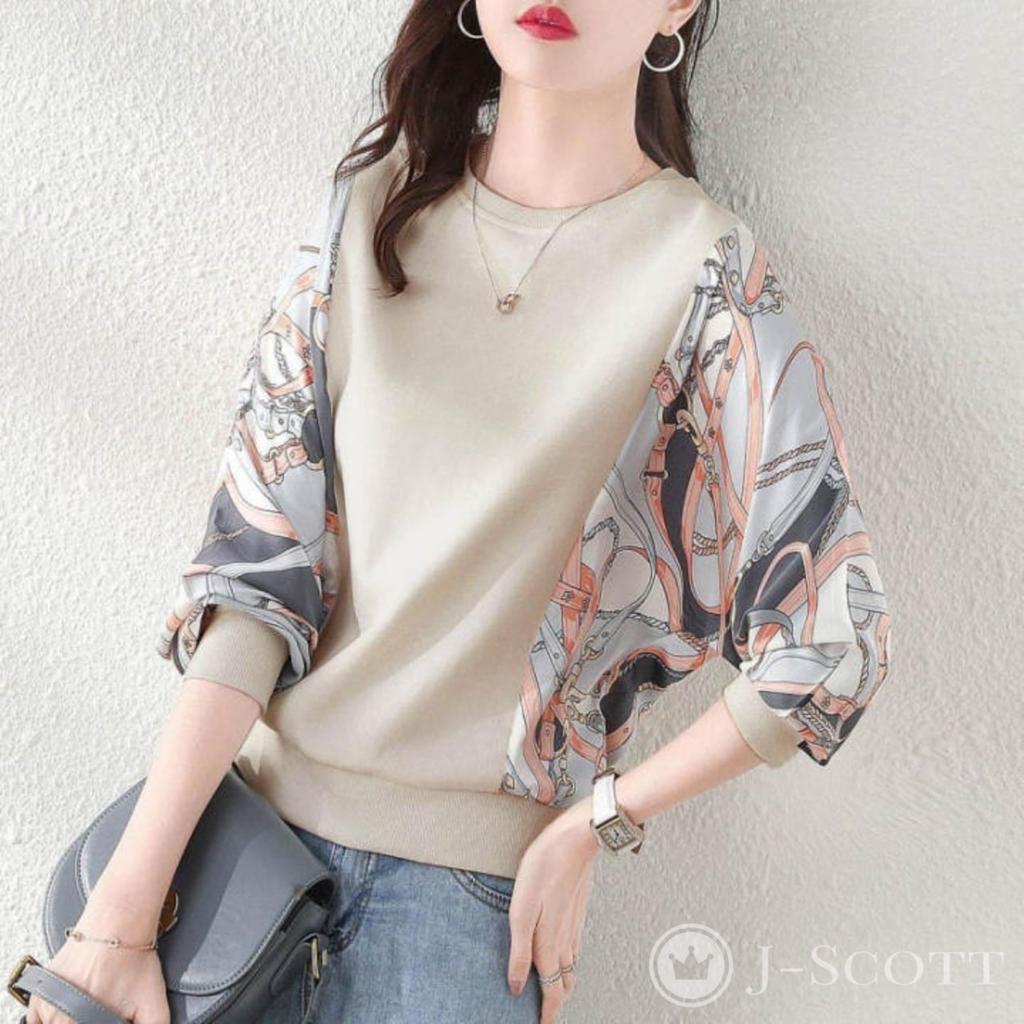 Pullover Blouse with Scarf Pattern Mixed Round Dolman Loose Long Soft To the Everyday Korean Perfect [J-Scott] Women's Sleeves, Material, Neck,