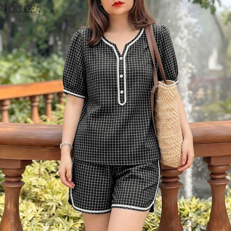 ZANZEA Women Short Sleeve Blouse and Shorts Summer Plaid Print Two Piece Suit Sets
