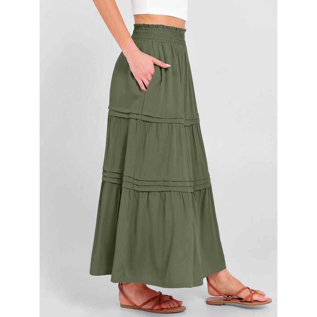 Women Summer Maxi Skirt Boho Ruffle Tiered Elastic High Waist Flowy Casual A-line Long Skirts