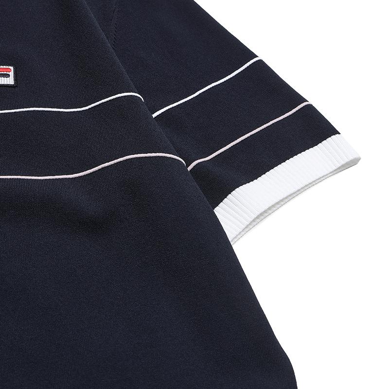 Fila Heritage Fashion Classic Simple Retro Striped Casual Round Neck Short Sleeve Knitted Sweater Women Tops Cigarette-Blue F11W628416FDB