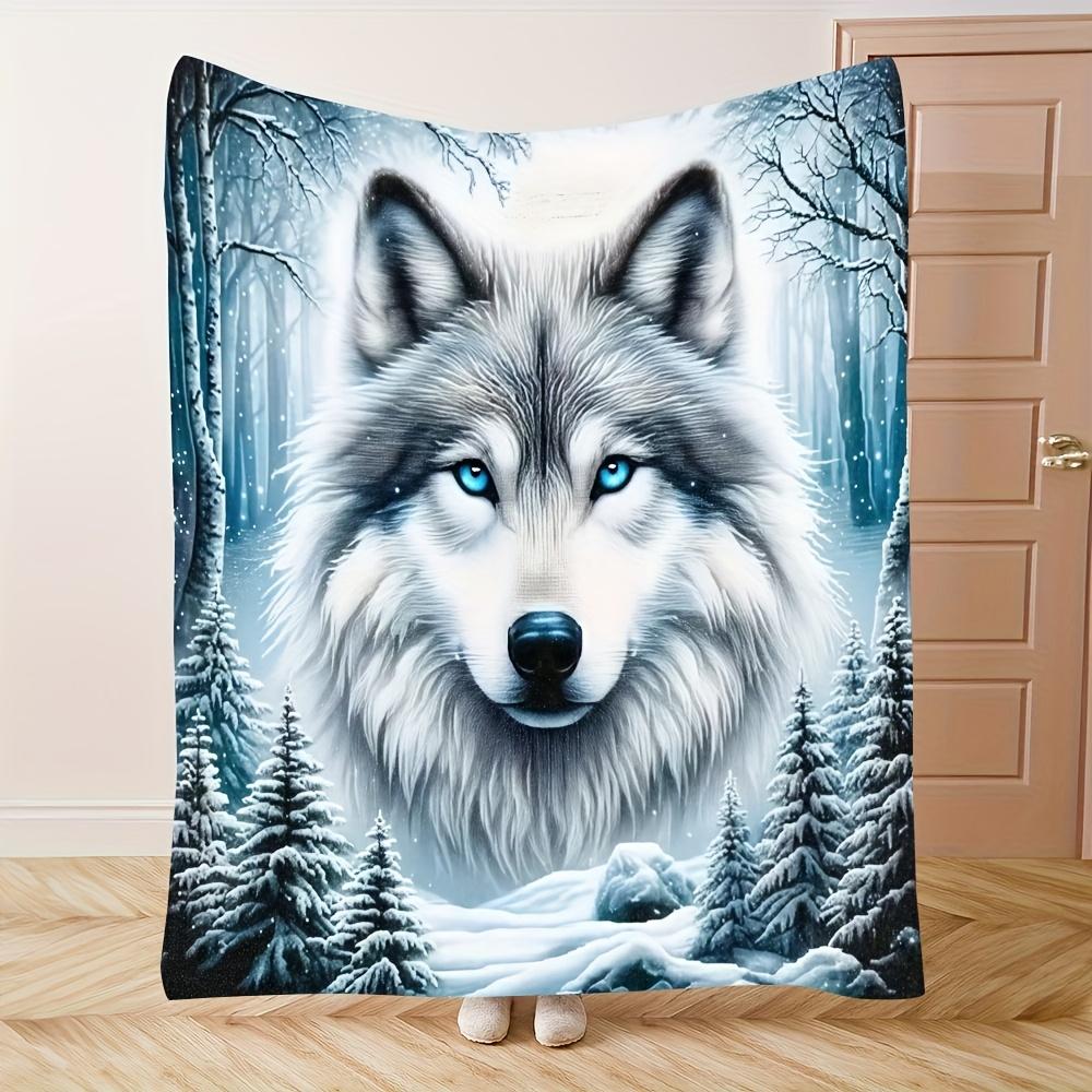 Blue Eyed Wolf Fleece Blanket Winter Forest Print Throw Soft Warm All Season Bedding Home Decor Gift For Wildlife Lovers