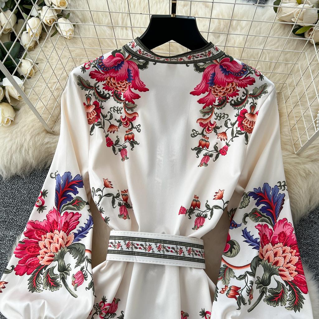 Frühlings-Damen-Stehkragen-Vintage-Print Einreihig Langes Maxi-Urlaubs-Strandparty-Kleid mit Gürtel