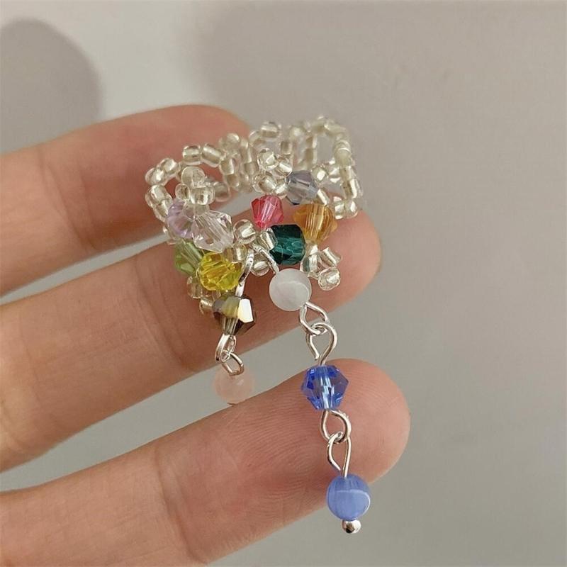 Fashionable Crystal Beaded Floral Rings Tassels Flower Rings Adjustable Finger Rings Jewelry Stylish Accessory for Women