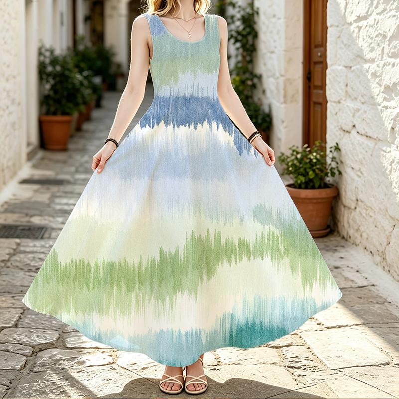 Sleeveless Maxi Dress,Women U Neck Sundress,Gradient Tie Dye Striped Print,Loose A Line Silhouette,Summer Beach Outfit,Flowy Holiday Long Gown