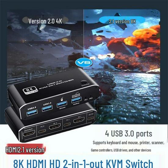 

8K HDMI 2.1 KVM-переключатель: 2x1 USB3.0, Горячие клавиши, Поддержка мыши и клавиатуры K4