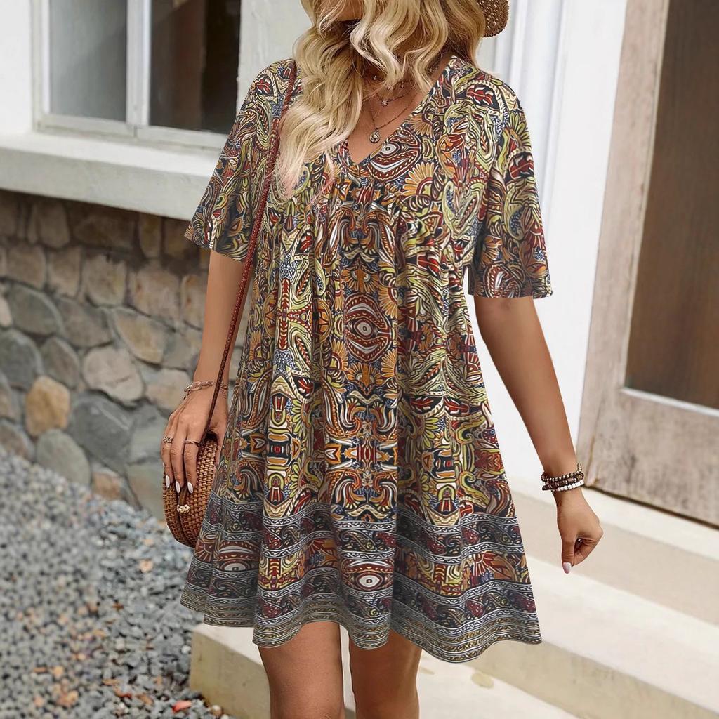 TEMU summer new v-neck print casual fashion short-sleeved women's dress